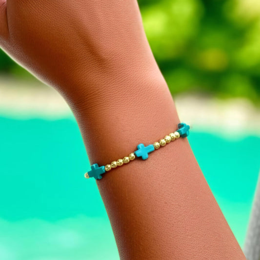 Dainty Gold Beads with Turquoise Magnetite Crosses  7.5"