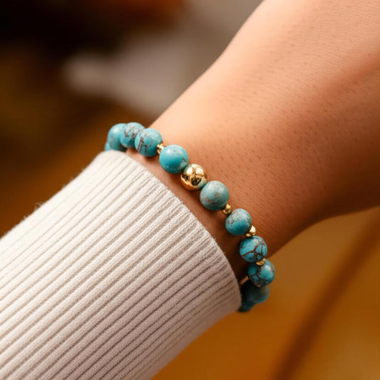 Turquoise Magnetite and Gold Beaded Bracelet 7.25"