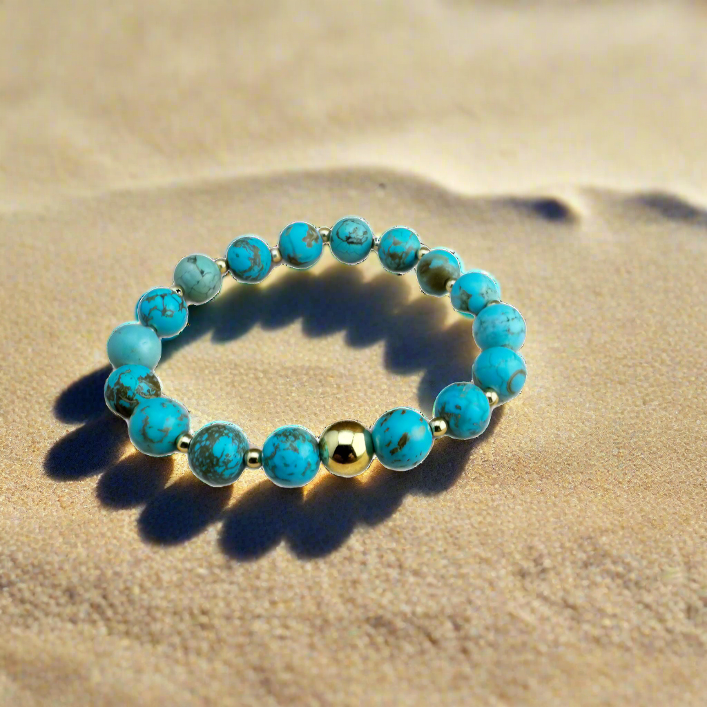 Turquoise Magnesite and Gold Beaded Bracelet 7.25"