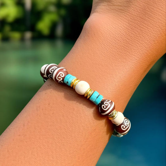 Handpainted Brown Gemstone with Turquoise, Off-White, and Gold Beads 7.75"