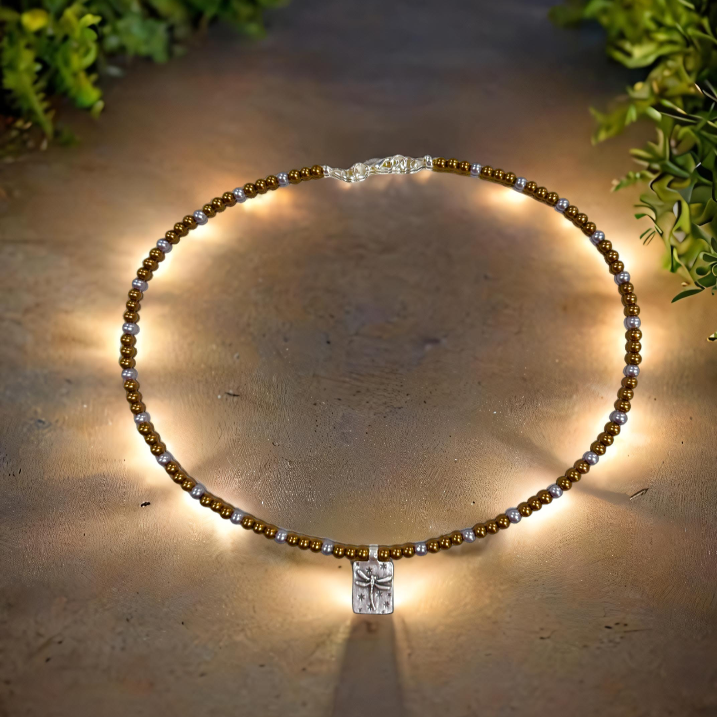 Minimalist Bronze & Gray Pearl Necklace with Dragonfly Charm 17"