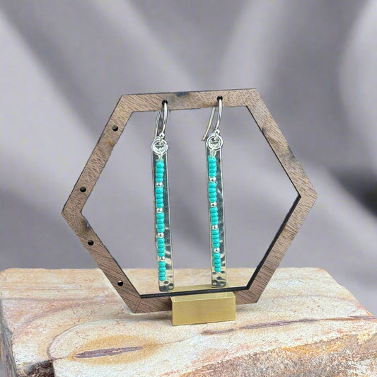 Silver Plated Bar Earrings with Turquoise Seed Beads 3"