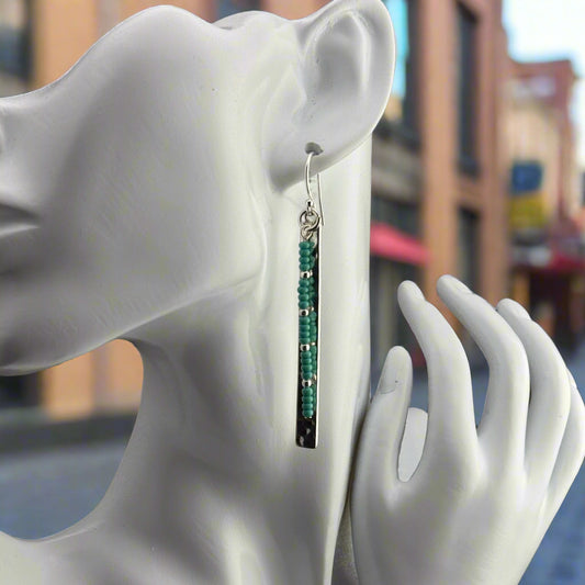 Silver Plated Bar Earrings with Turquoise Seed Beads 3"