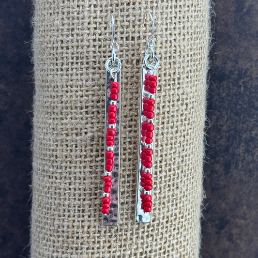 Silver Plated Bar Earrings with Red Seed Beads 3"