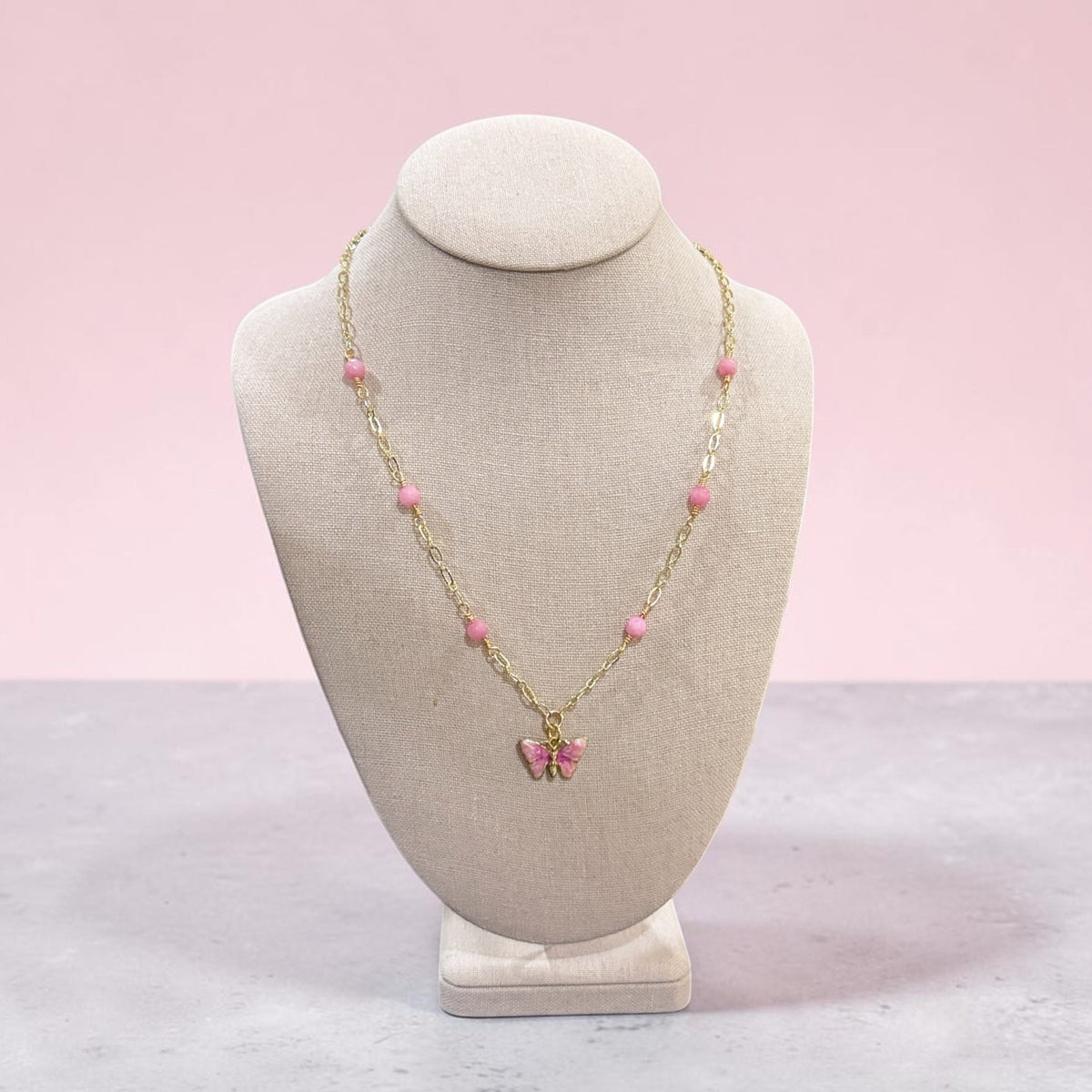 Gold Metal Chain with Pink Butterfly Enamel Charm | 16” with 2” Extension