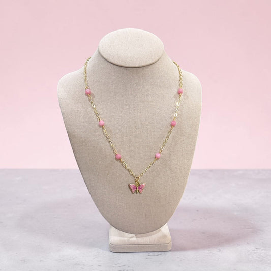 Gold Metal Chain with Pink Butterfly Enamel Charm | 16” with 2” Extension