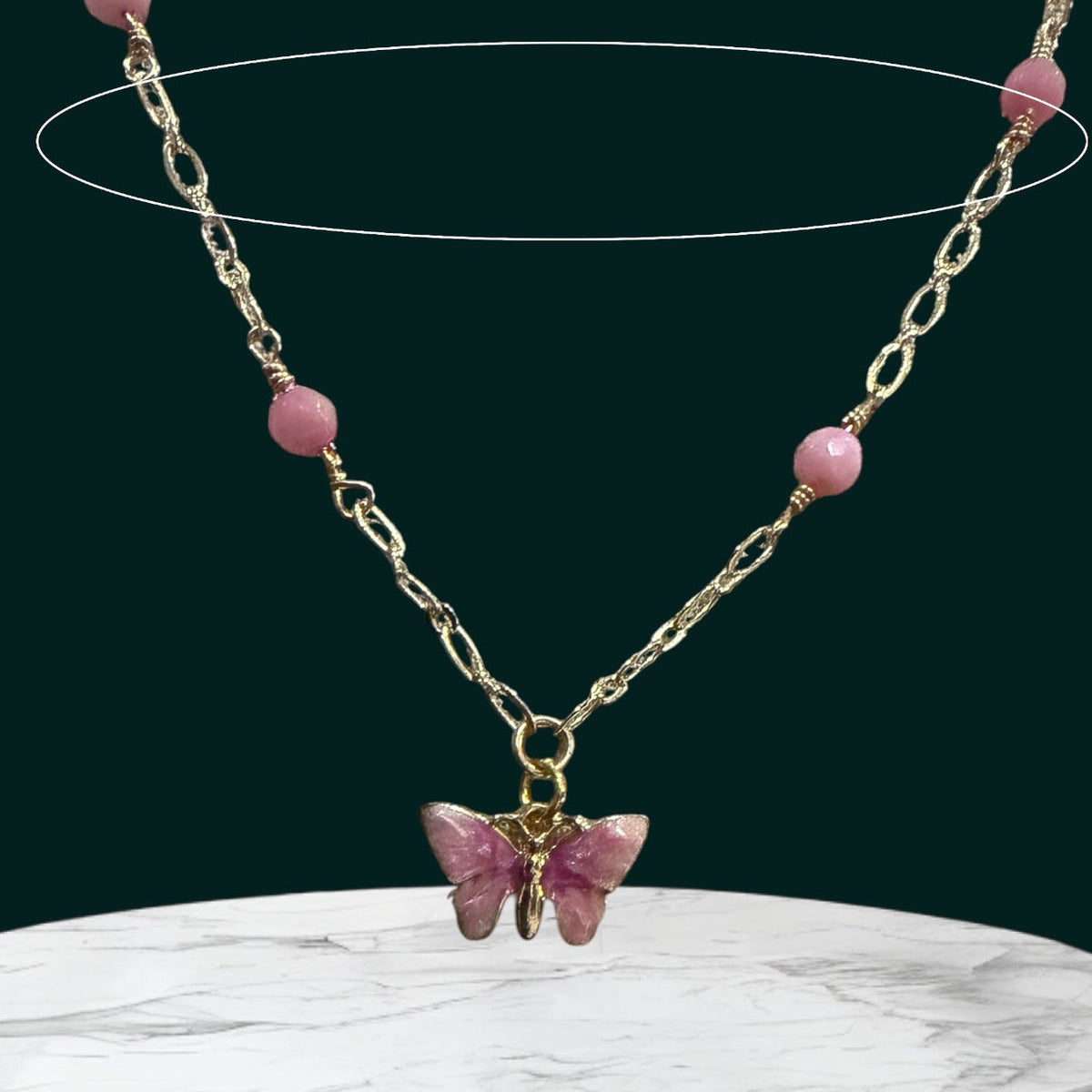 Gold Metal Chain with Pink Butterfly Enamel Charm | 16” with 2” Extension