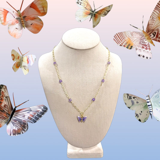 Gold Metal Chain with Purple Butterfly Enamel Charm | 16” with 2” Extension