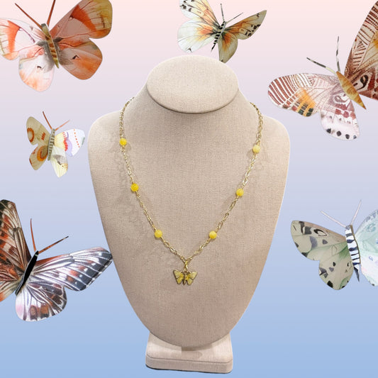 Gold Metal Chain with Yellow Butterfly Enamel Charm | 16” with 2” Extension