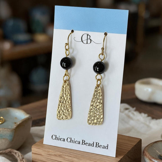 Black Onyx Earring with Hammered Triangular Charms |2"
