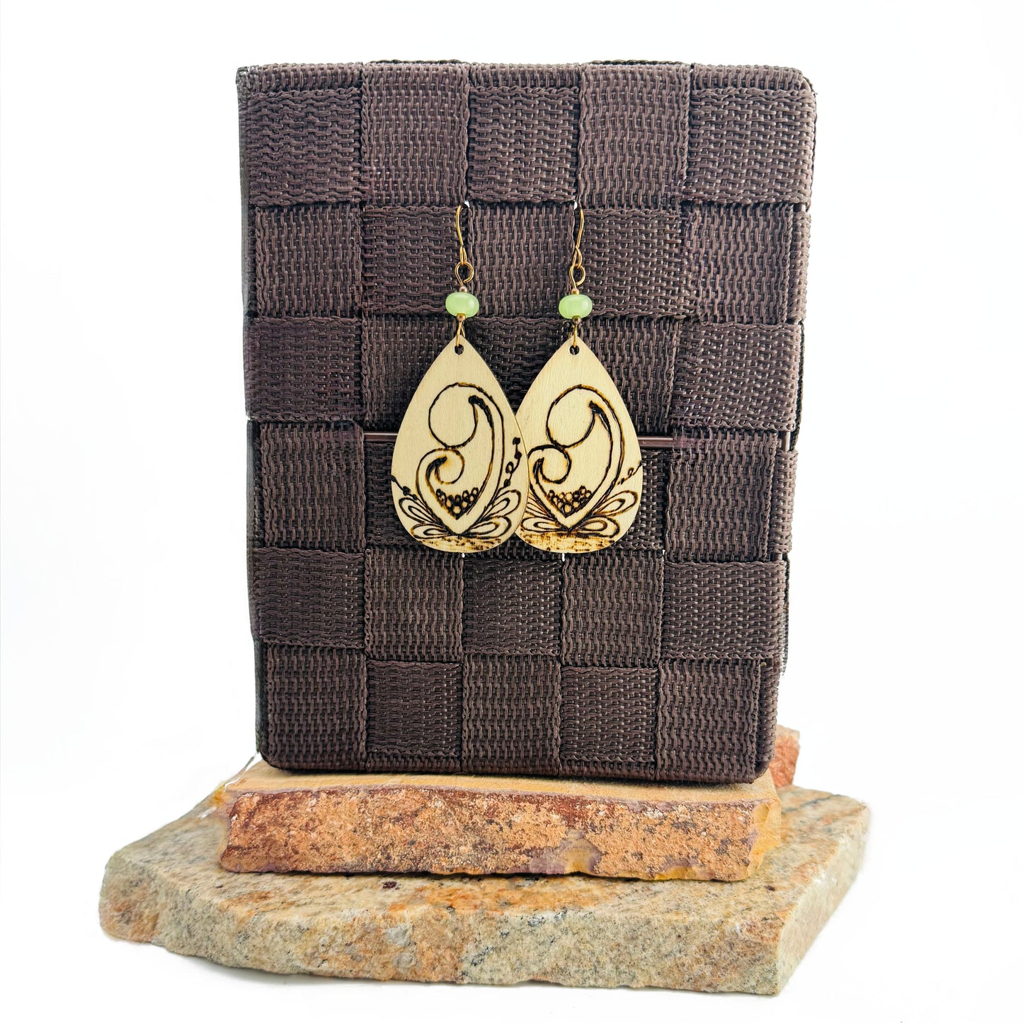 Earrings | Teardrops | Zentangled Design | Woodburned | Green Jade Gemstones | 3"