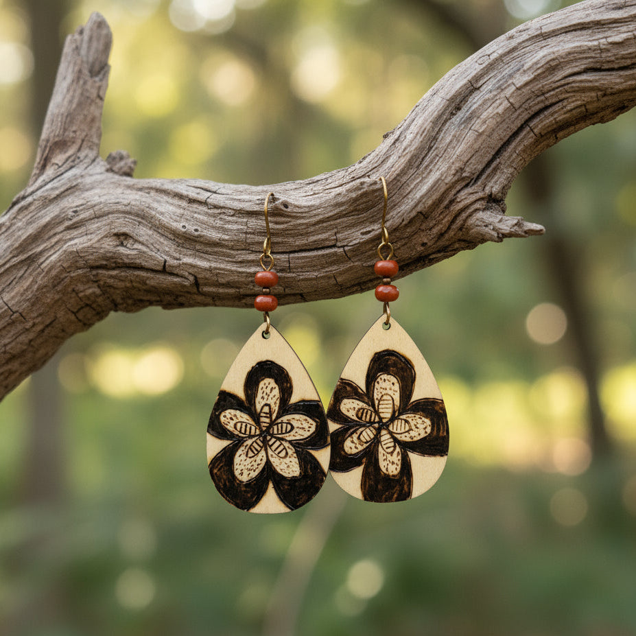 Earrings | Teardrops | Zentangled Flower | Woodburned | Red Sponge Coral | 3"