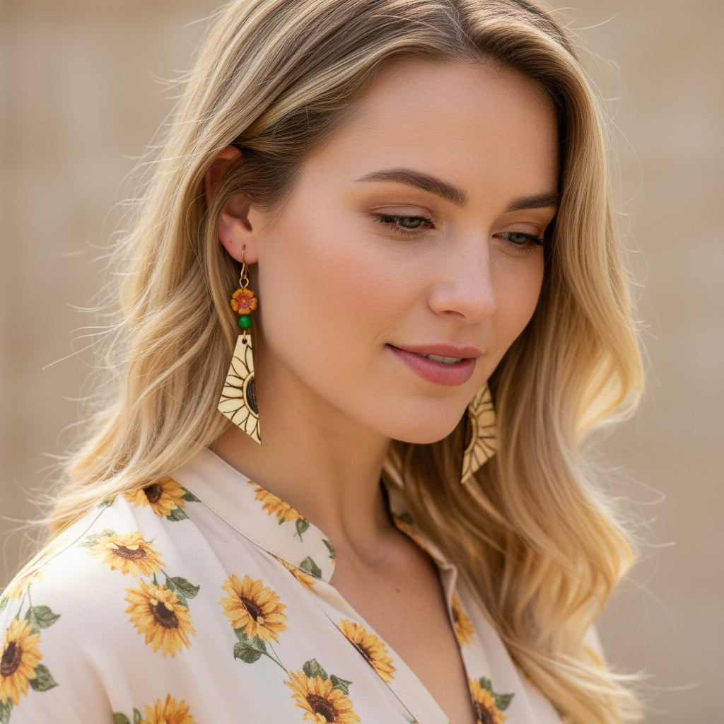 Earrings | Zentangled Sunflowers | Triangular Shaped | Yellow Flower | 3"