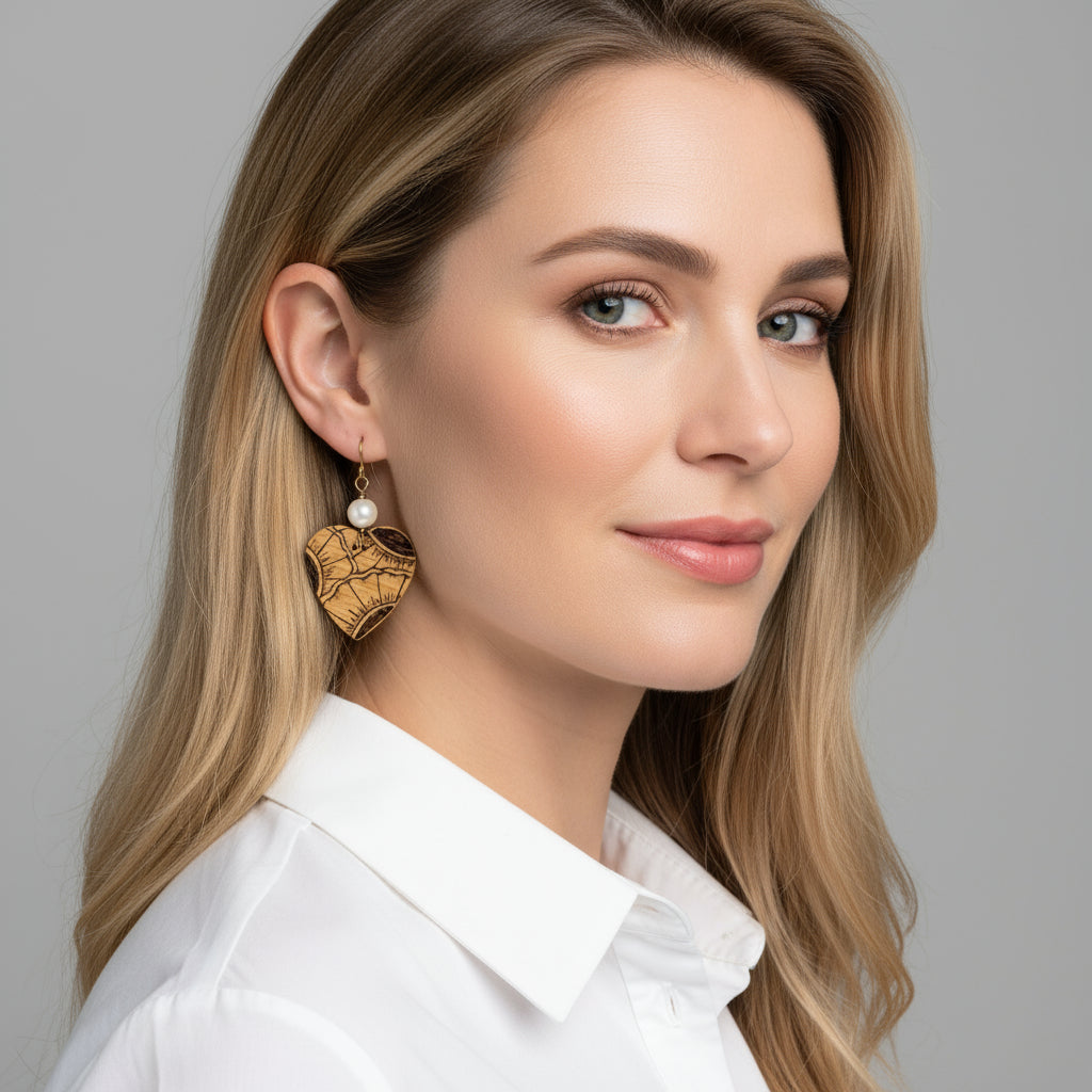 Earrings | Hearts | Zentangled Sunflower Design | Wood burned | Freshwater Pearls | 3"