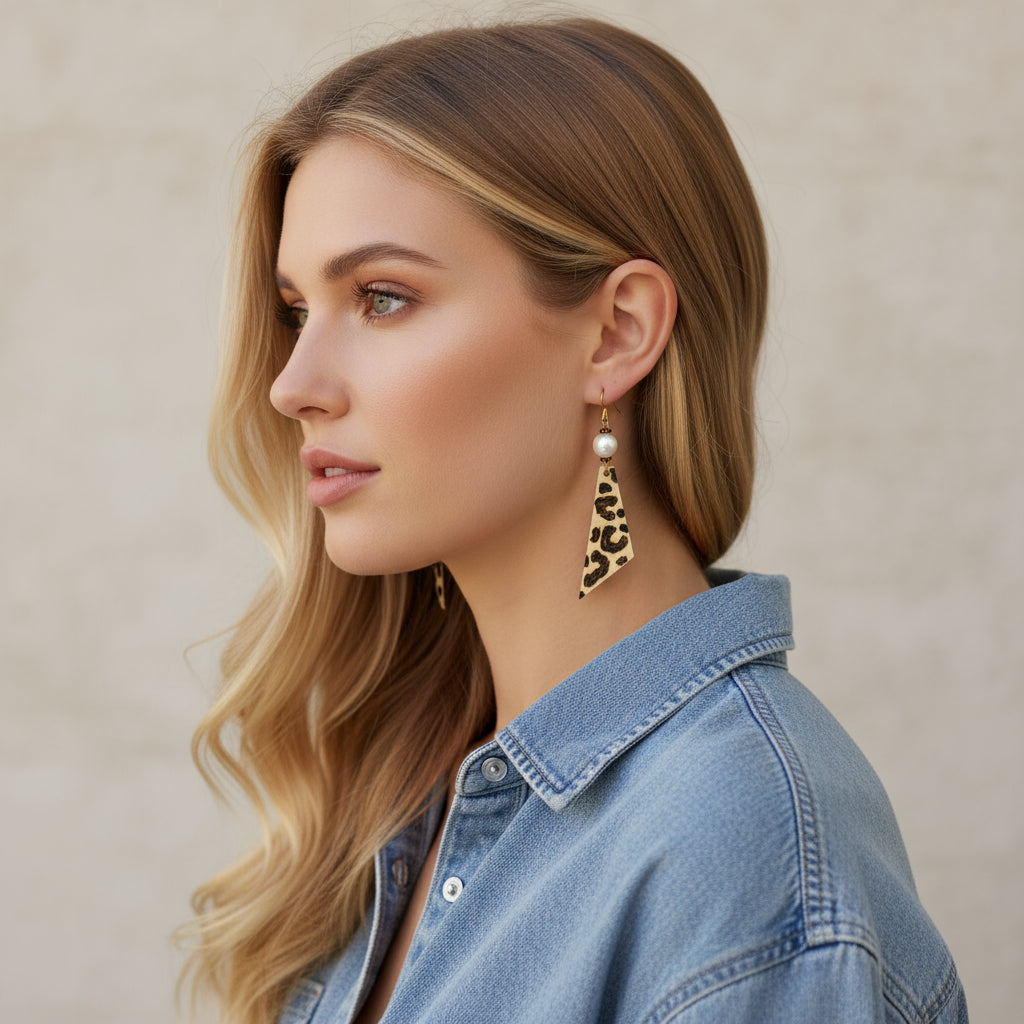 Earrings | Triangles | Zentangled Cheetah Design | Wood-burned | Freshwater Pearls | 2.75"