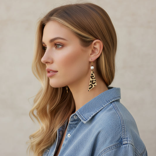Earrings | Triangles | Zentangled Cheetah Design | Wood-burned | Freshwater Pearls | 2.75"