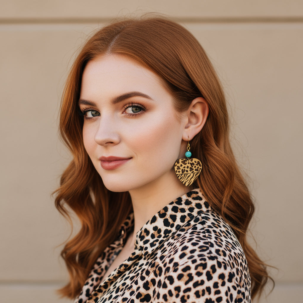 Earrings | Hearts | Zentangled Mixed Animal | Wood-burned | Magnetite Turquoise | 2.5"