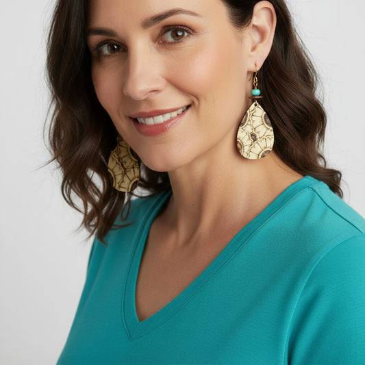 Earrings | Teardrop Shape | Zentangled Sunflowers | Turquoise | Antique Copper Discs | 3"