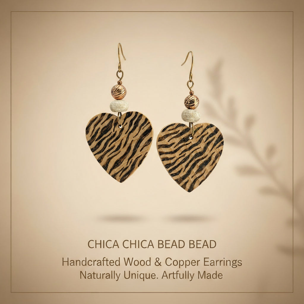 Earrings | Hearts | Zentangled Zebra Design | Wood-burned | Off-white Gemstones | Copper-plated Beads | 2.5"