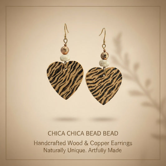 Earrings | Hearts | Zentangled Zebra Design | Wood-burned | Off-white Gemstones | Copper-plated Beads | 2.5"