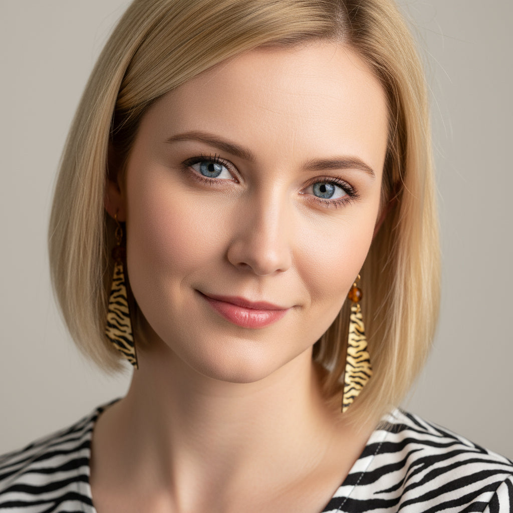 Earrings | Triangles |Zentangled Zebra Design | Wood-burned | Gemstones | 3"