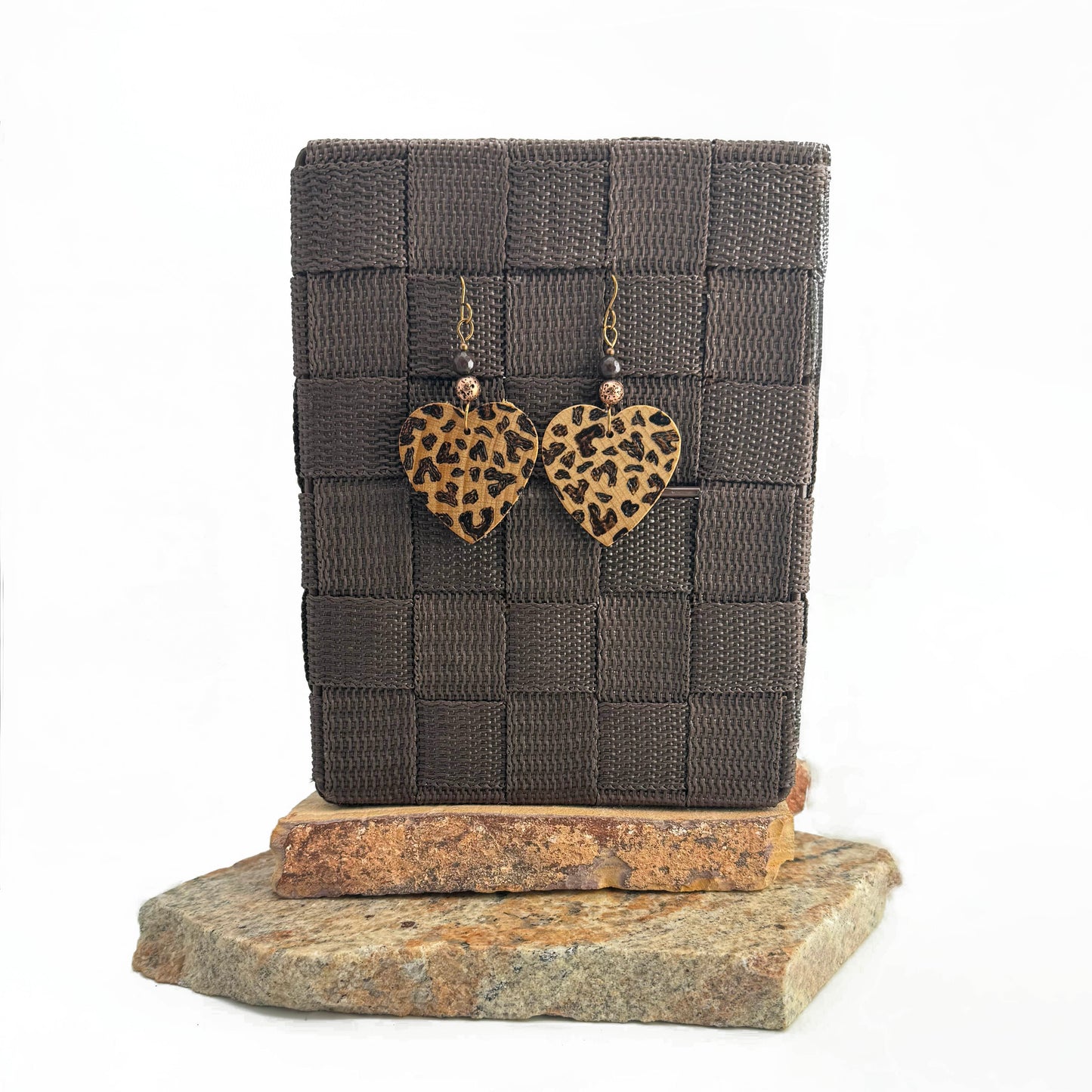 Earrings | Hearts | Zentangled Cheetah Design | Wood burned | Black Onyx Gemstones | Copper-plated Lavastones | 3"