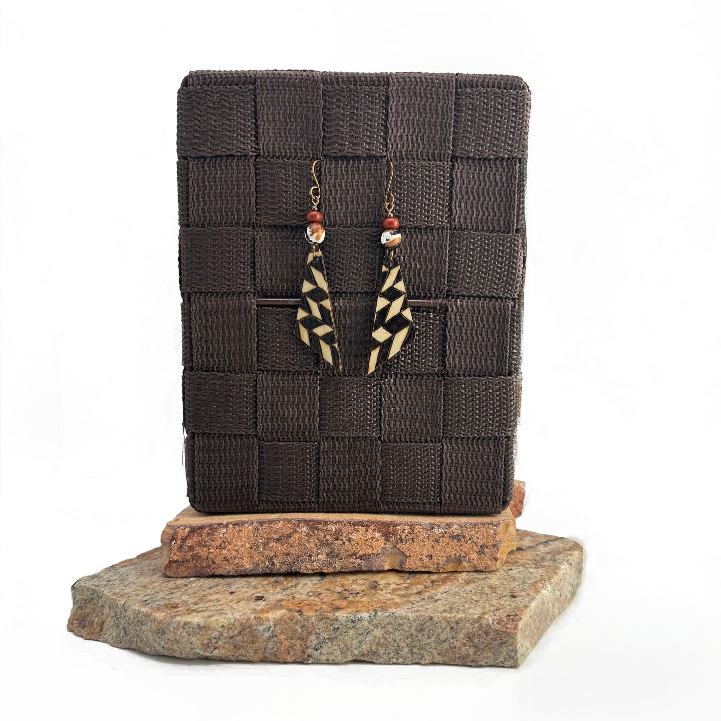 Earrings | Triangles | Zentangled Abstract Design | Woodburned | Red Sponge Coral | Mixed Agate | 3"