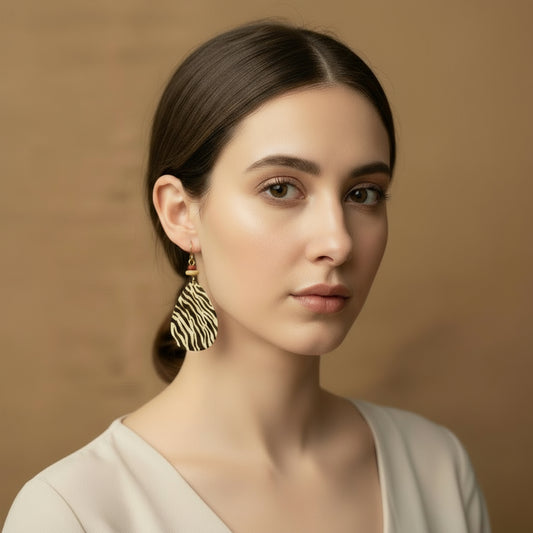 Earrings | Teardrop |Zentangled Zebra Design | Wood-burned | Red Sponge Coral | Off-white Wooden Discs | 3"
