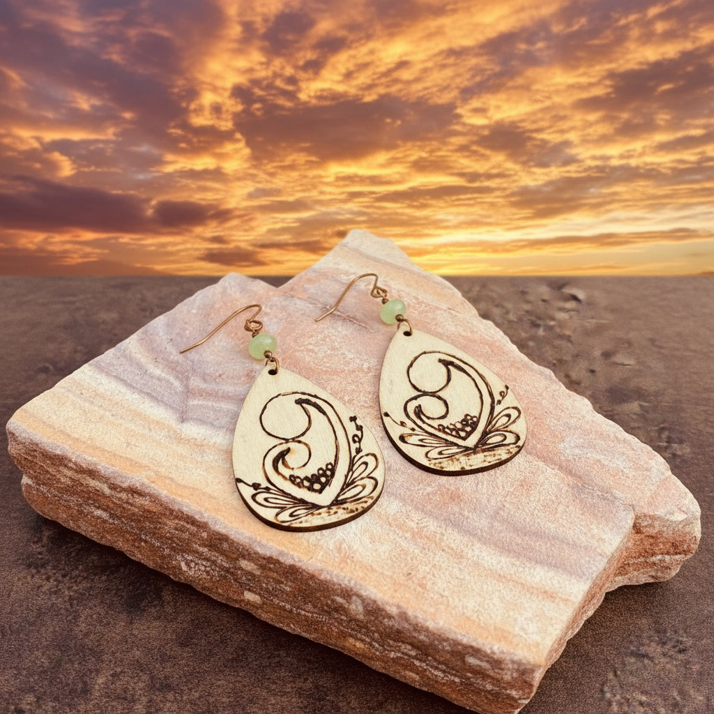 Earrings | Teardrops | Zentangled Design | Woodburned | Green Jade Gemstones | 3"