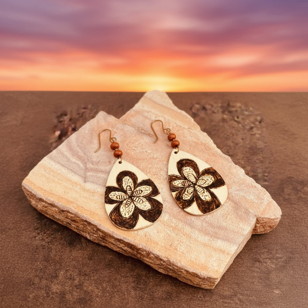 Earrings | Teardrops | Zentangled Flower | Woodburned | Red Sponge Coral | 3"