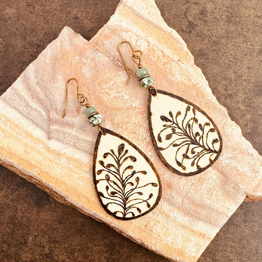 Earrings | Teardrops | Zentangled Fern | Woodburned | Moss Agate | Green Jade | 3"