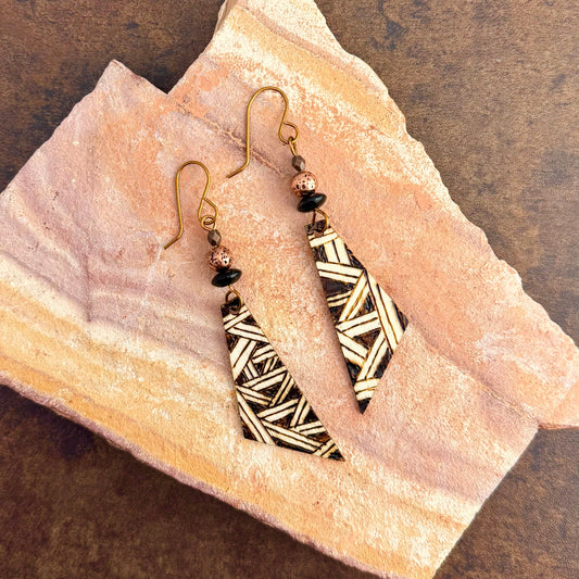 Earrings | Triangles |Zentangled Geometric Design | Wood-burned | Onyx | Copper-plated Lavastone | 3"