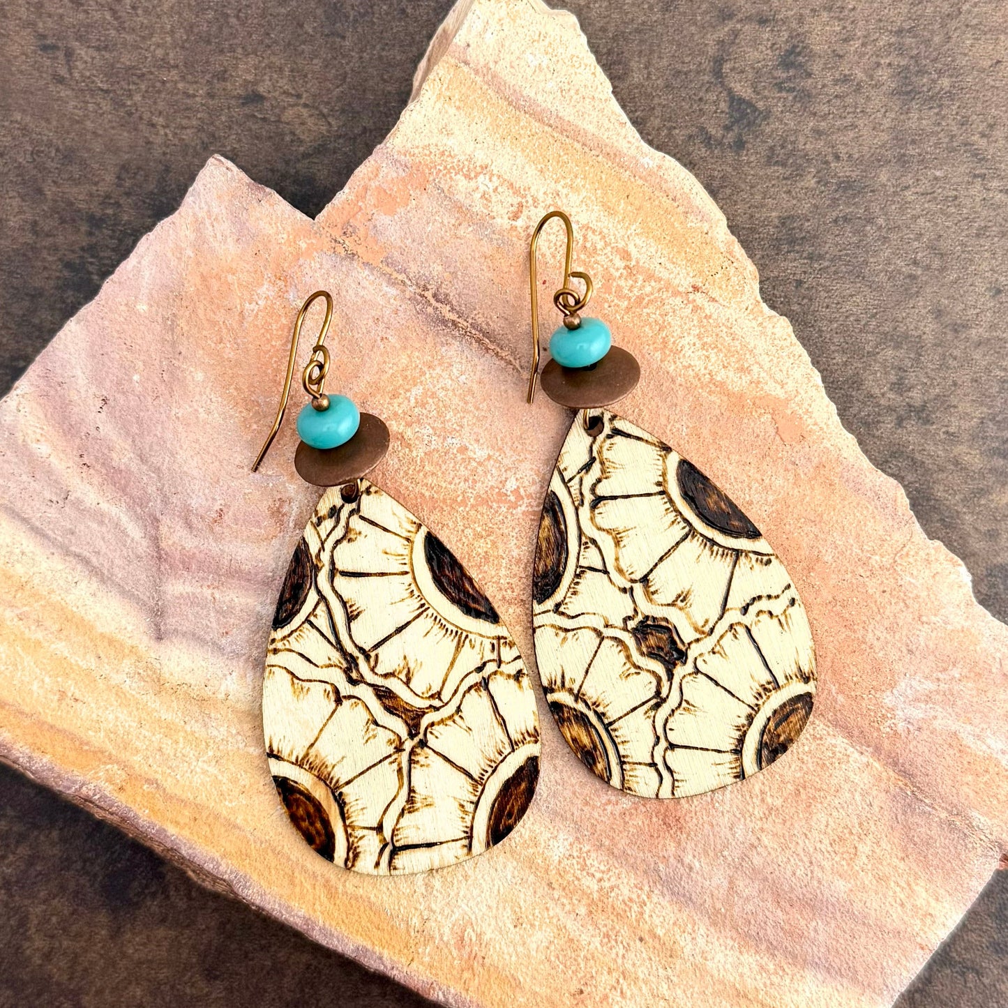 Earrings | Teardrop Shape | Zentangled Sunflowers | Turquoise | Antique Copper Discs | 3"