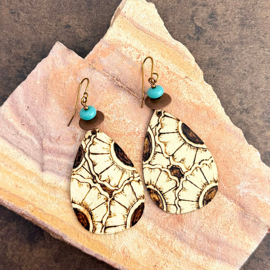 Earrings | Teardrop Shape | Zentangled Sunflowers | Turquoise | Antique Copper Discs | 3"