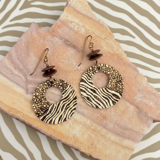 Earrings | Hoops |Zentangled Mixed Animal Print Design | Wood-burned | Antique Copper Saucers | 2.5"