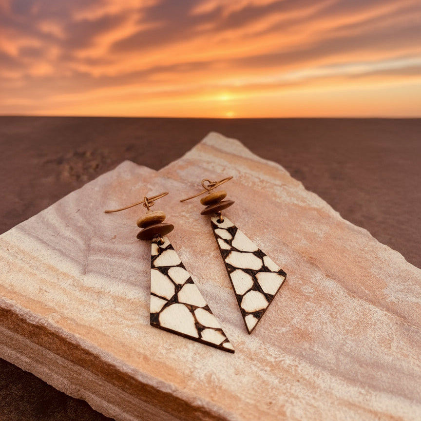 Earrings | Triangles |Zentangled Geometric Design | Wood-burned |  Antique Copper Saucer | Wooden Discs | 3"