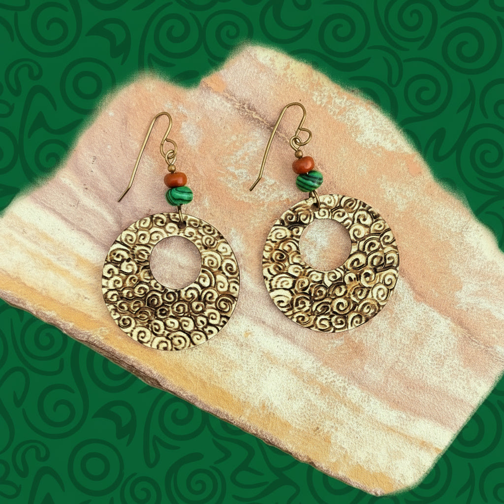 Earrings | Hoop |Zentangled Printemps Design | Wood-burned | Malachite | Red Sponge Coral  | 2.75"