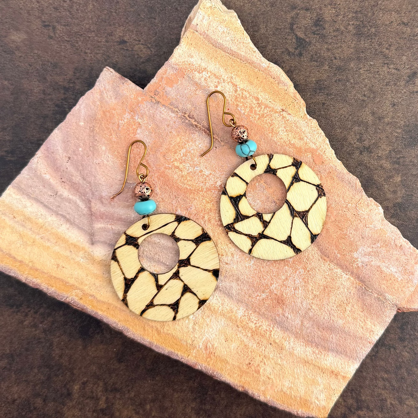 Earrings | Hoops | Zentangled Geometric Design | Wood-burned | Brown Gemstone | 2.5"