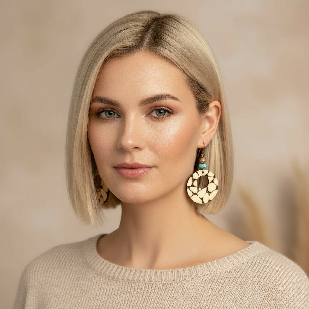 Earrings | Hoops | Zentangled Geometric Design | Wood-burned | Brown Gemstone | 2.5"