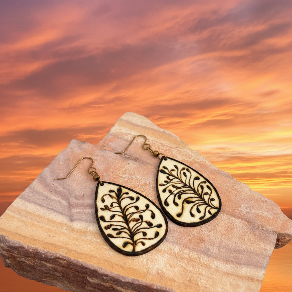Earrings | Teardrops | Zentangled Fern | Woodburned | Antique Copper Bead | 2.5"