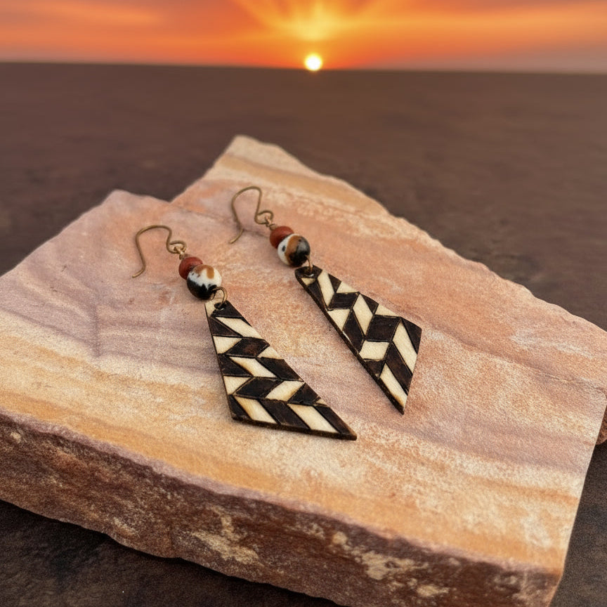 Earrings | Triangles | Zentangled Abstract Design | Woodburned | Red Sponge Coral | Mixed Agate | 3"