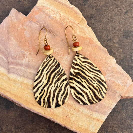 Earrings | Teardrop |Zentangled Zebra Design | Wood-burned | Red Sponge Coral | Off-white Wooden Discs | 3"