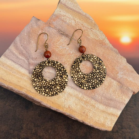 Earrings | Hoops |Zentangled Geometric Design | Wood-burned | Red Sponge Coral | 2.5"