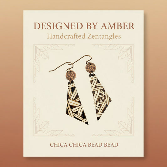 Earrings | Triangle |Zentangled Abstract Design | Wood-burned |Hammered Copper Circle | 3"