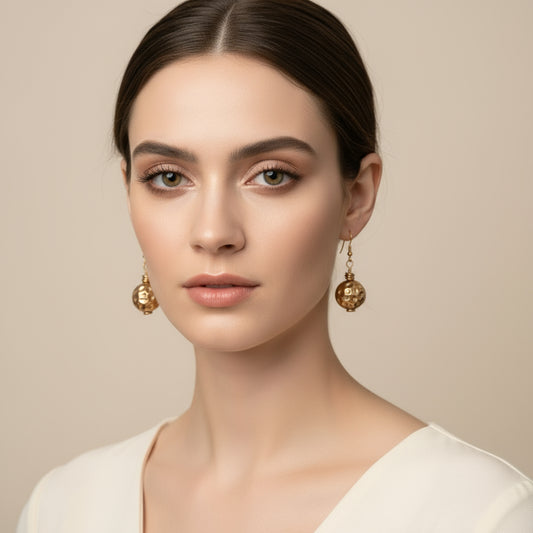 Earrings | Unique Metalic Gold Spheres | Brass Spacer Discs | 2"