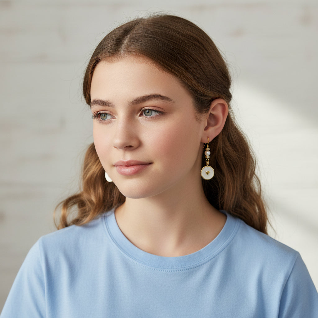 Earrings | White Heart Charms | Freshwater Pearls | 18K Gold-plated Findings | 1.75"