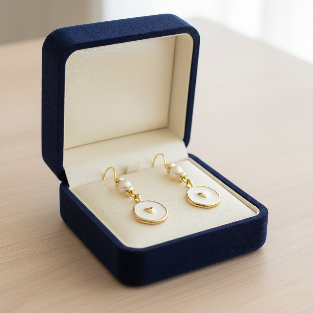 Earrings | White Heart Charms | Freshwater Pearls | 18K Gold-plated Findings | 1.75"