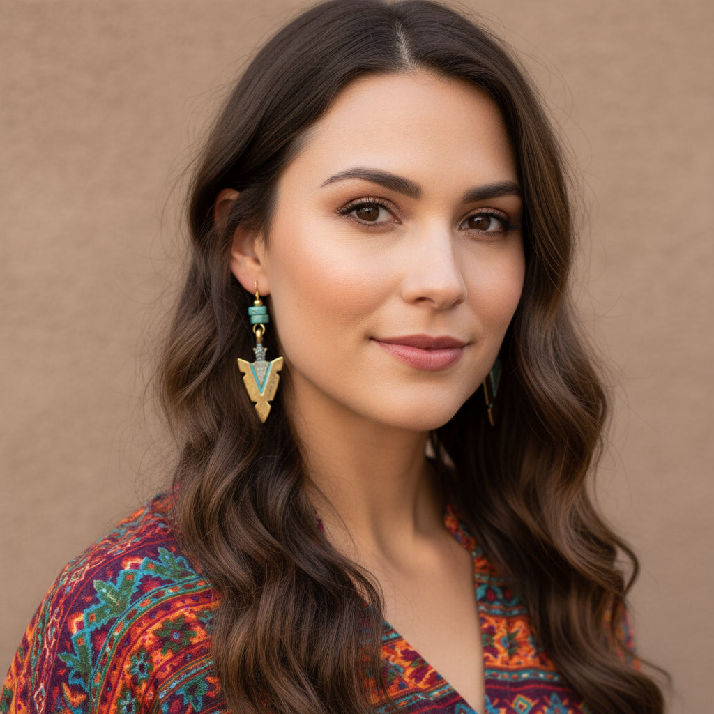 Earrings | Arrow Head Charm | Magnesite Turquoise Gemstones | 18K Gold-filled Earwires | 2.25"