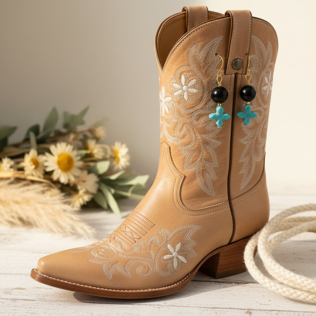 Earrings | Magnesite Turquoise Cross | Onyx Gemstones | Gold-plated Findings | 1.75"