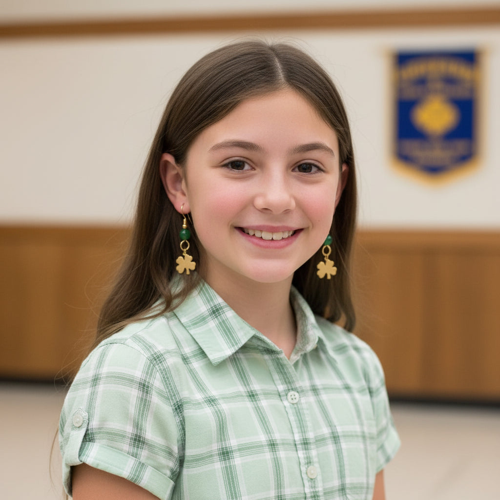 Earrings | 18K GF Matt Gold Clover Charms | Green Jade Gemstones | All ages | 1 1/2"